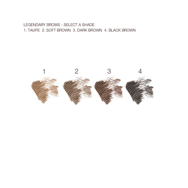 Legendary Brows Gel swatches Swatches of four eyebrow gels in shades of taupe, soft brown, dark brown, and black brown.