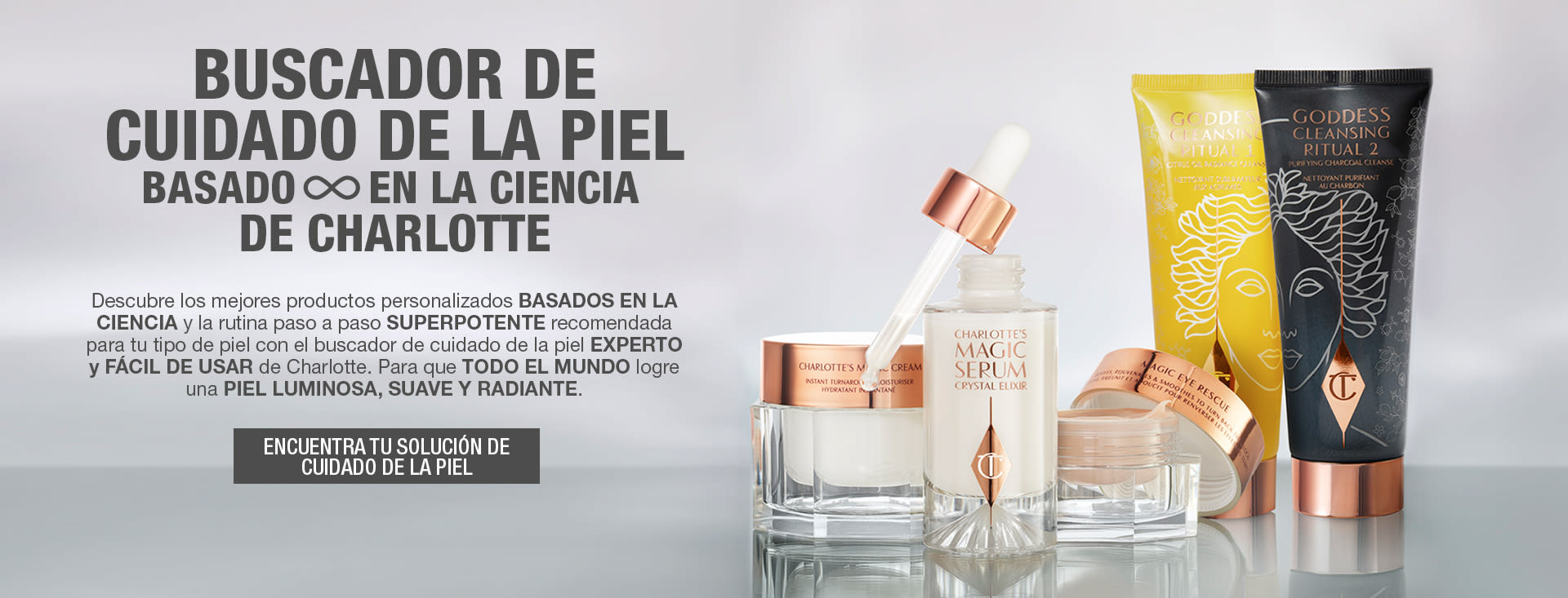 Skincare Finder Hero Banner ES Banner with pearly-white cream in a glass jar with a rose-gold lid, luminous, ivory-coloured serum with a dropper lid, champagne-coloured eye cream in an open glass jar, and two facial cleansers in sleek lemon and black coloured tubes, along with text on the banner that reads, 'Charlotte's Research-powered skincare finder. Find your skincare solution!'