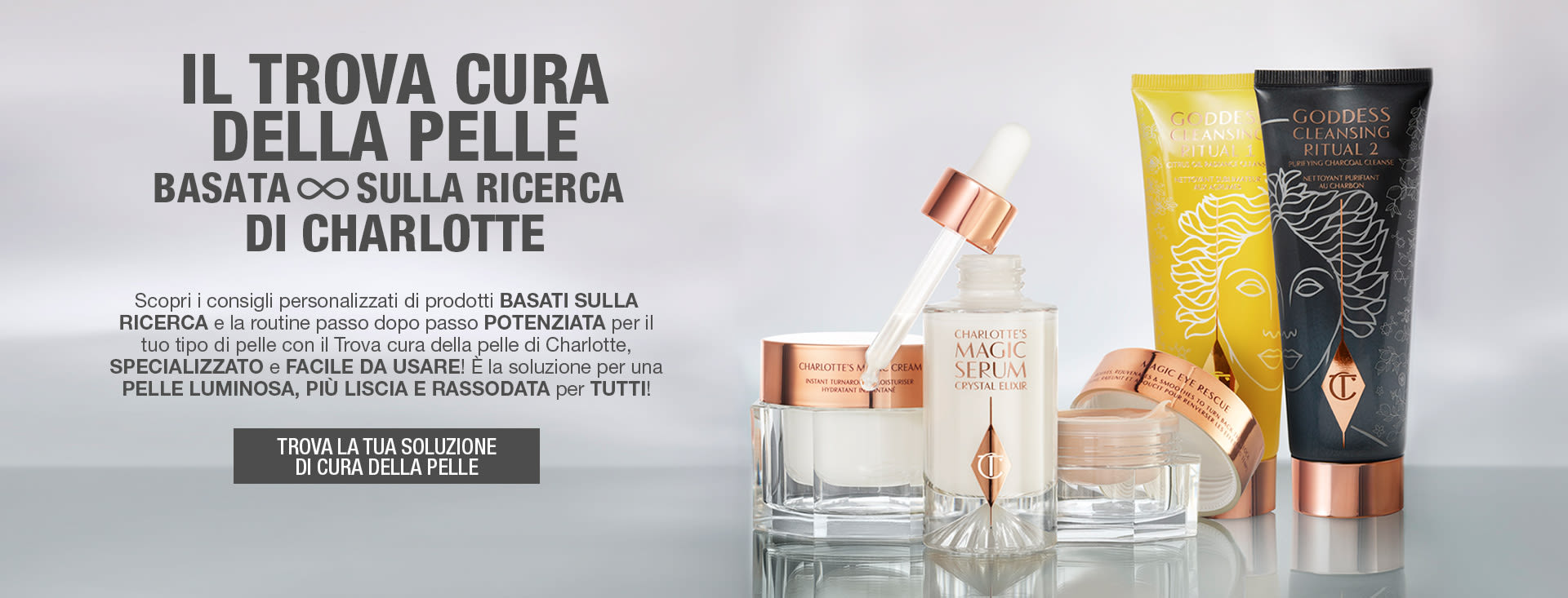 Skincare Finder Hero Banner IT Banner with pearly-white cream in a glass jar with a rose-gold lid, luminous, ivory-coloured serum with a dropper lid, champagne-coloured eye cream in an open glass jar, and two facial cleansers in sleek lemon and black coloured tubes, along with text on the banner that reads, 'Charlotte's Research-powered skincare finder. Find your skincare solution!'