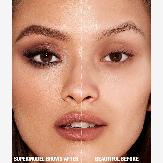 Brow Cheat in Medium Brown on medium-tone model close-up before and after Close-up before and after of a medium-tone model with brown eyes not wearing any makeup in the before photo and her brows lined and filled with a medium brown-coloured eyebrow pencil, wearing smokey brown eyeshadow, black eyeliner, and nude pink lipstick in the after shot.