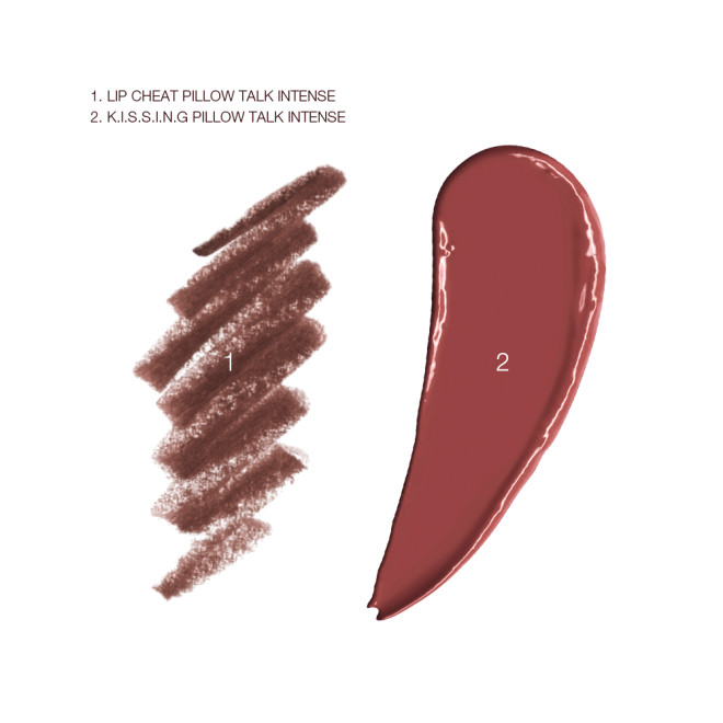 Swatches of a satin-finish lipstick in a deep berry-rose shade with a taupe-brown-coloured lip liner.