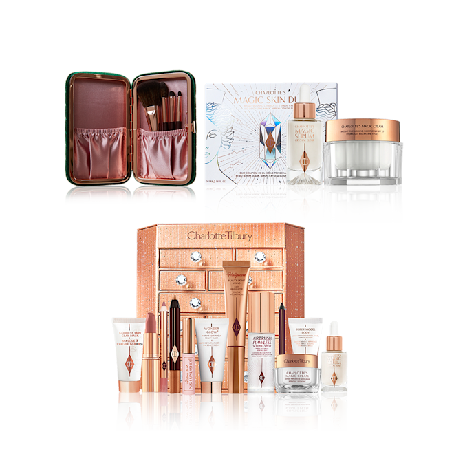 Charlotte's Complete Magic Holiday Collection displayed Brush set in a dark crimson-coloured makeup pouch, luminous face serum in a glass bottle with a dropper lid, face cream in a glass jar with a gold-coloured lid, and a golden-coloured chest of drawers with a clay mask, nude pink matte lipstick, nude pink lip liner, eyeliner pencil in dark copper, black-coloured mascara, liquid primer, champagne-coloured liquid highlighter, dark brown eyeliner pencil, pearly-white face cream, luminous ivory-coloured serum, and bronze-coloured body highlighter.