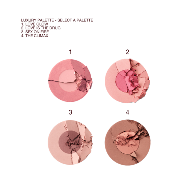 Cheek to Chic swatches Swatches of four, two-tone blushes in shades of brown and pink, mauve and wine, nude pink and hot pink, and muted pink and medium pink.