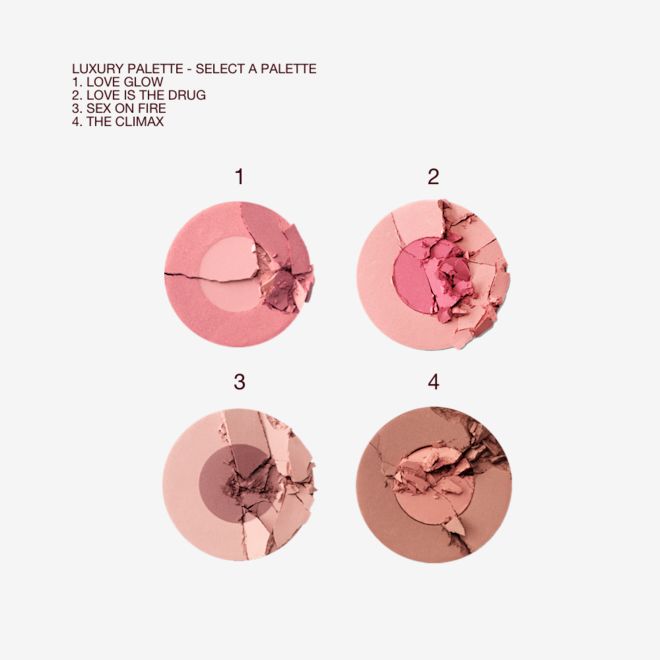 Cheek to Chic swatches Swatches of four, two-tone blushes in shades of brown and pink, mauve and wine, nude pink and hot pink, and muted pink and medium pink.