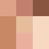 Instant Look in a Palette in Pretty Blushed Beauty swatches Swatches of a face palette that include three eyeshadows in beige, dusky pink, and dark brown shades, blush and highlighter in coral pink and honey-gold, and contour powders for light to medium skin tones.