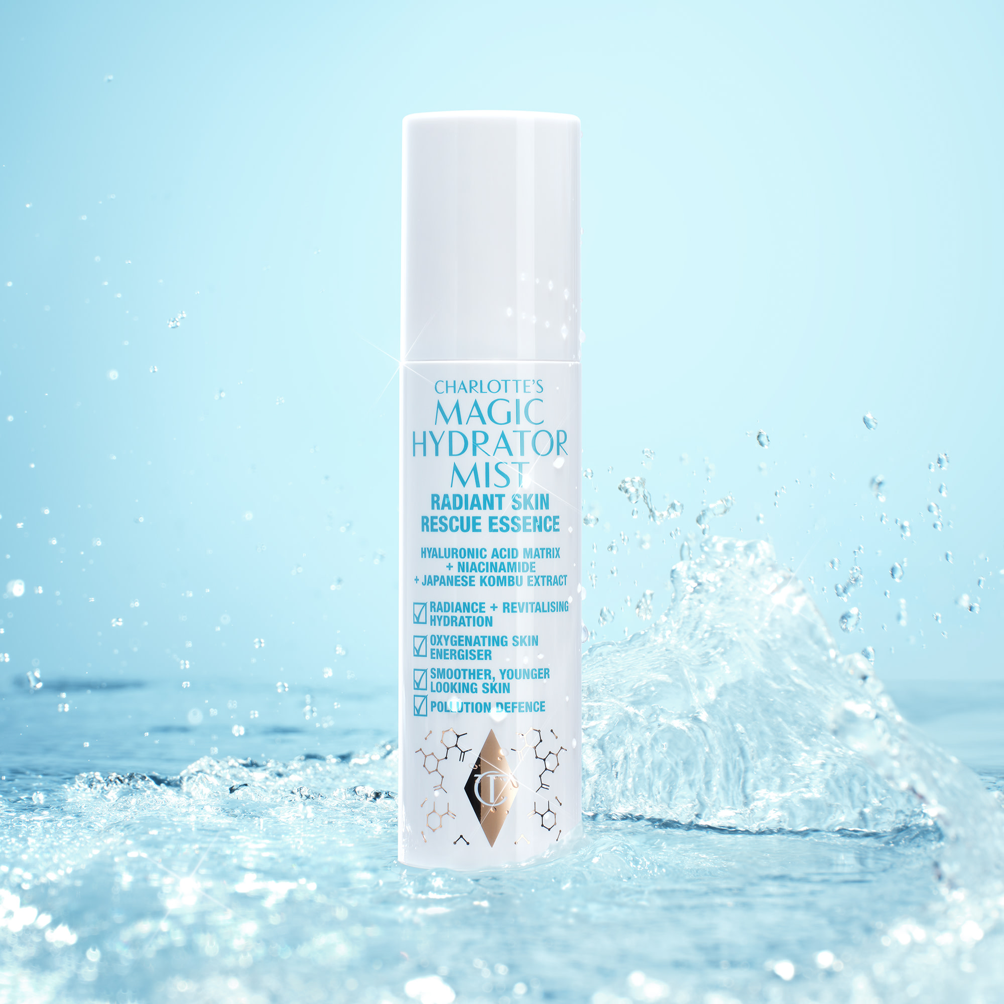 Charlotte's Magic Hydrator Mist radiant skin rescue essence submerged in water