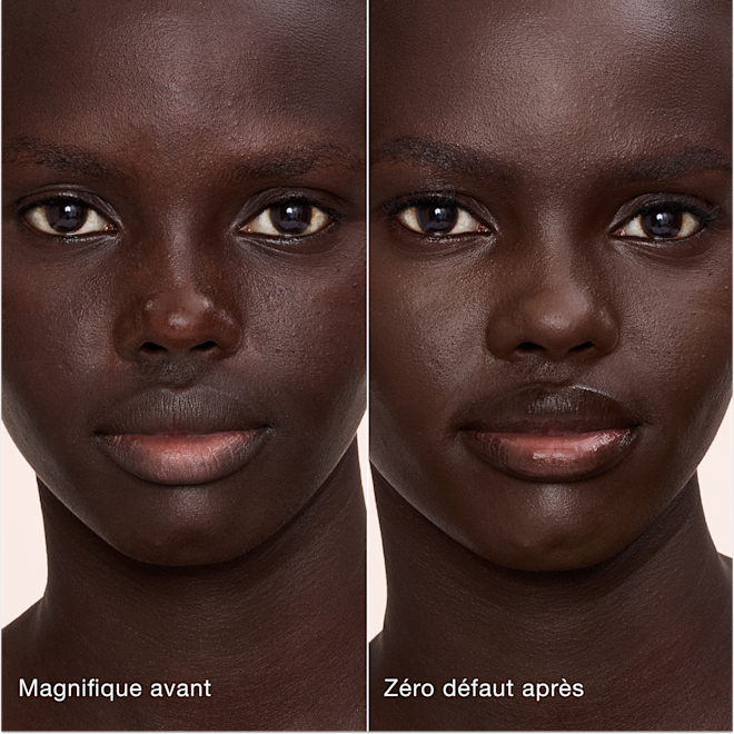 Avant/après Airbrush Flawless Concealer - 17 Deep (Foncé) Comparaison côte à côte de la peau avant et après l'application de l'Airbrush Flawless Concealer de Charlotte Tilbury, avec les étiquettes de texte « Magnifique avant » et « Zéro défaut après ».