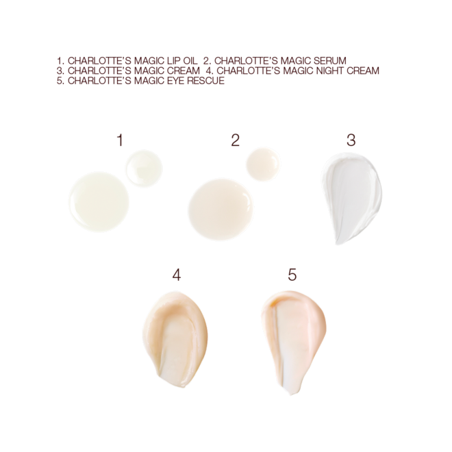 Charlotte's Magic Skincare Icons swatches Swatches of a luminous, ivory-coloured serum, cream-coloured eye serum, pearly-white ace cream, fawn-coloured thick night cream, and beige-coloured eye cream.