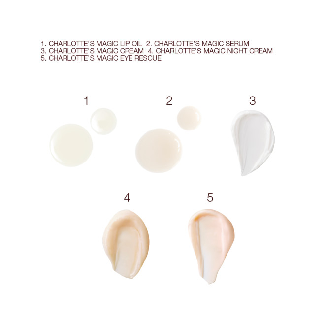 Swatches of a luminous, ivory-coloured serum, cream-coloured eye serum, pearly-white ace cream, fawn-coloured thick night cream, and beige-coloured eye cream. 