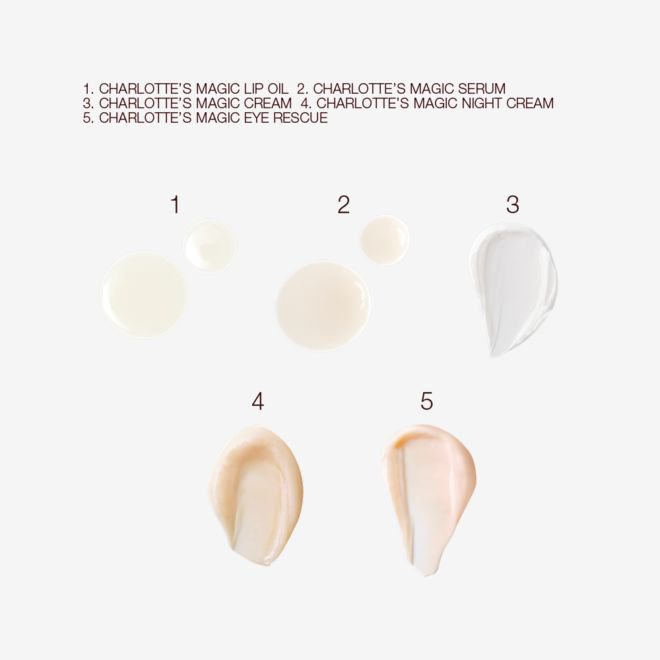 Charlotte's Magic Skincare Icons swatches Swatches of a luminous, ivory-coloured serum, cream-coloured eye serum, pearly-white ace cream, fawn-coloured thick night cream, and beige-coloured eye cream.