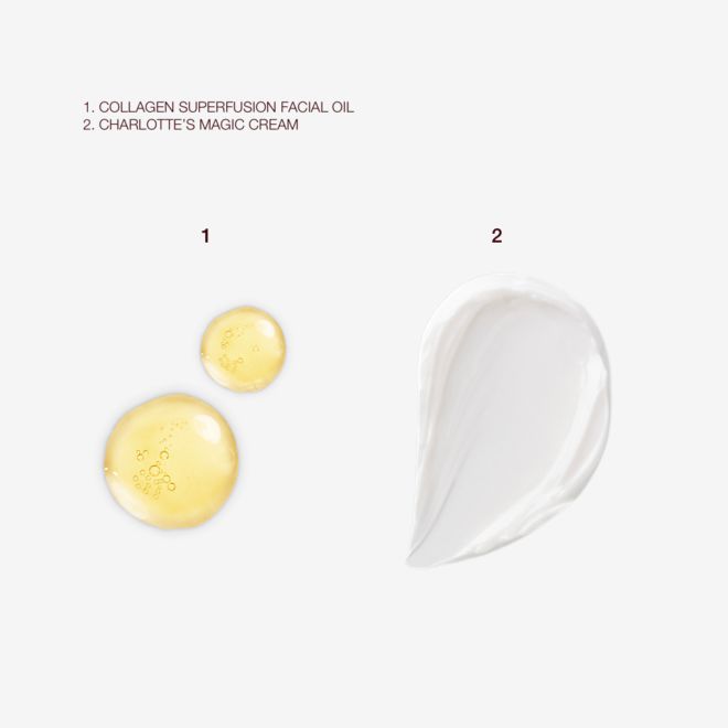 Spa Like radiance Skincare Set swatches Swatches of light gold-coloured facial oil and pearly-white face cream.