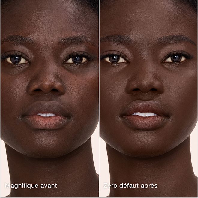 Antes y después de usar Airbrush Flawless Concealer en el tono 16.5 Deep Comparación paralela que muestra la piel antes y después de aplicar el corrector Charlotte Tilbury Airbrush Flawless Concealer con las etiquetas de texto "Preciosa antes", "Impecable después".