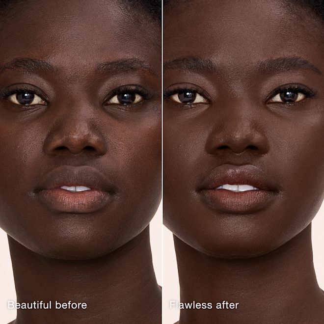 Airbrush Flawless Concealer - 16.5 Deep before and after Side-by-side comparison showing skin before and after applying Charlotte Tilbury Airbrush Flawless Concealer, with text labels 'Beautiful before' and 'Flawless after'.