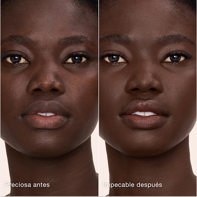 Antes y después de usar Airbrush Flawless Concealer en el tono 16.5 Deep Comparación paralela que muestra la piel antes y después de aplicar el corrector Charlotte Tilbury Airbrush Flawless Concealer con las etiquetas de texto «Preciosa antes» y «Perfecta después».