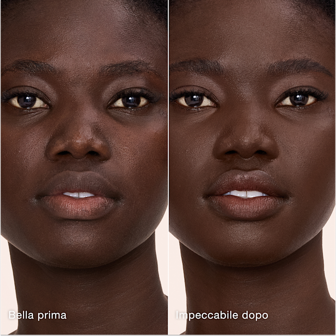 Airbrush Flawless Concealer - 16.5 Deep modella prima e dopo Confronto affiancato che mostra la pelle prima e dopo aver applicato il correttore Airbrush Flawless di Charlotte Tilbury, con le etichette di testo "Bella prima" e "Impeccabile dopo".