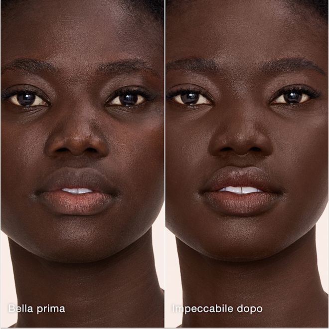Airbrush Flawless Concealer - 16.5 Deep modella prima e dopo Confronto affiancato che mostra la pelle prima e dopo aver applicato il correttore Airbrush Flawless di Charlotte Tilbury, con le etichette di testo "Bella prima" e "Impeccabile dopo".