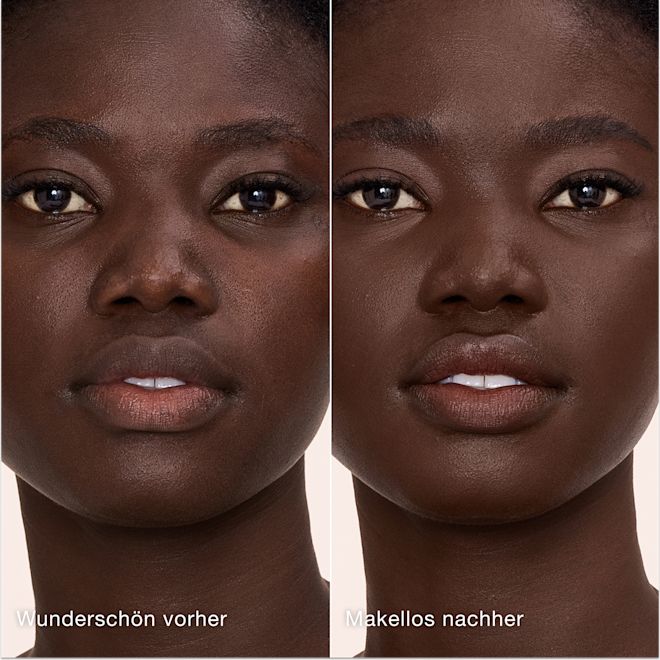 Airbrush Flawless Concealer − 16.5 Deep – vorher und nachher Ein direkter Vergleich zeigt die Haut vor und nach dem Auftragen des Charlotte Tilbury Airbrush Flawless Concealers mit den Beschriftungen „Wunderschön vorher“ und „Makellos nachher“.