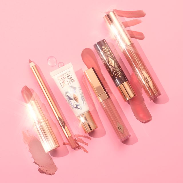 Pillow Talk Lip still life Line up of Charlotte Tilbury Pillow Talk lip products