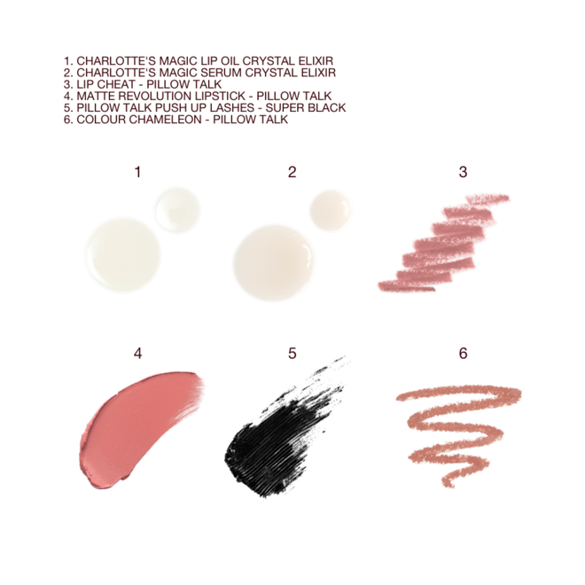 Magic Skin Pillow Talk Kit swatches Swatches of glowy, lip oil, luminous face serum, lip line pencil in nude pink, nude pink matte lipstick, black mascara, and nude pink eyeshadow.