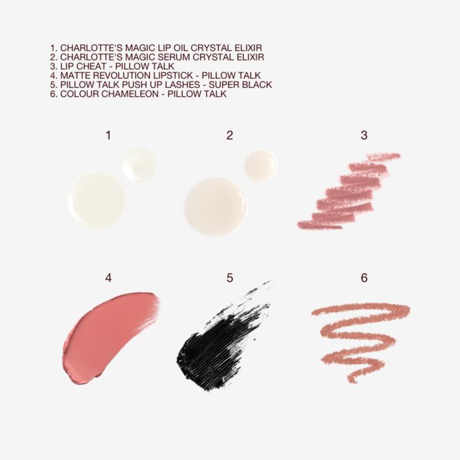 Magic Skin Pillow Talk Kit swatches Swatches of glowy, lip oil, luminous face serum, lip line pencil in nude pink, nude pink matte lipstick, black mascara, and nude pink eyeshadow.