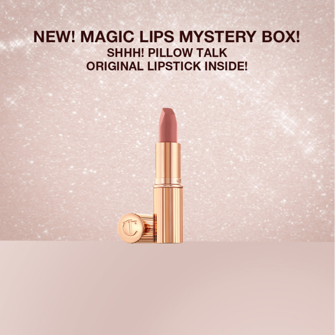 A banner with an open nude-pink lipstick on it and text that reads, 'New! magic lips mystery box! Pillow Talk original lipstick inside!