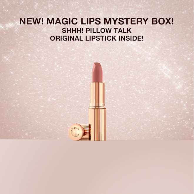 Lip Mystery Box reveal A banner with an open nude-pink lipstick on it and text that reads, 'New! magic lips mystery box! Pillow Talk original lipstick inside!
