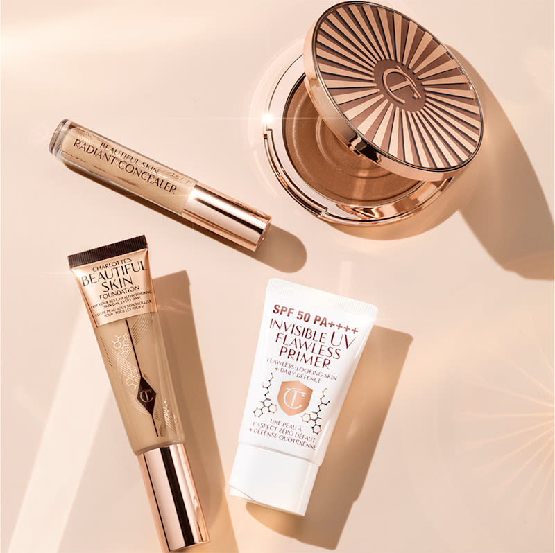Beautiful Skin still life Charlotte's Beautiful Skin complexion collection including foundation, concealer and cream bronzer
