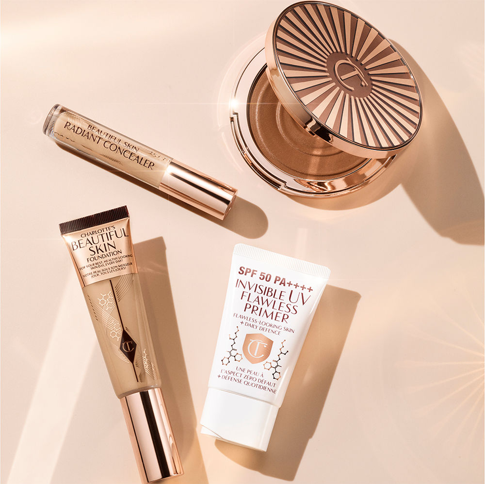 Beautiful Skin still life Charlotte's Beautiful Skin complexion collection including foundation, concealer and cream bronzer