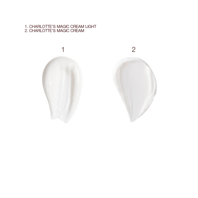 Magic Cream and Magic Cream Light swatches Swatches of a light, white-coloured face cream with a thick, pearly-white face cream.