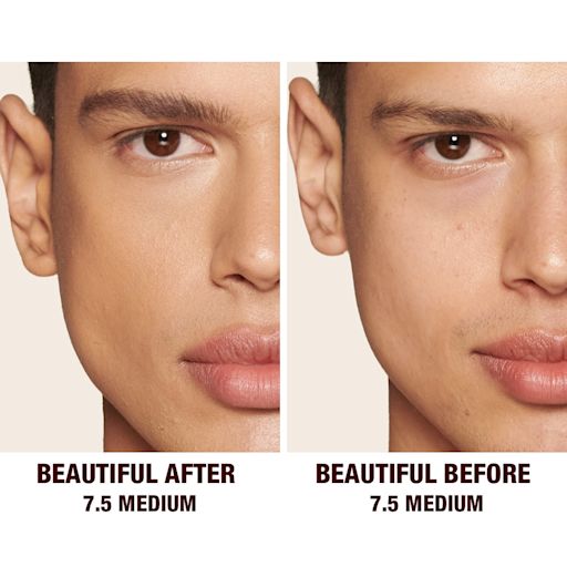 Beautiful Skin concealer in 7.5 on medium-tone model before and after Before and after of a medium-tone model without any makeup in the before shot and then wearing a radiant, concealer that brightens, covers blemishes, and makes her skin look fresh along with nude lip gloss and subtle eye makeup.
