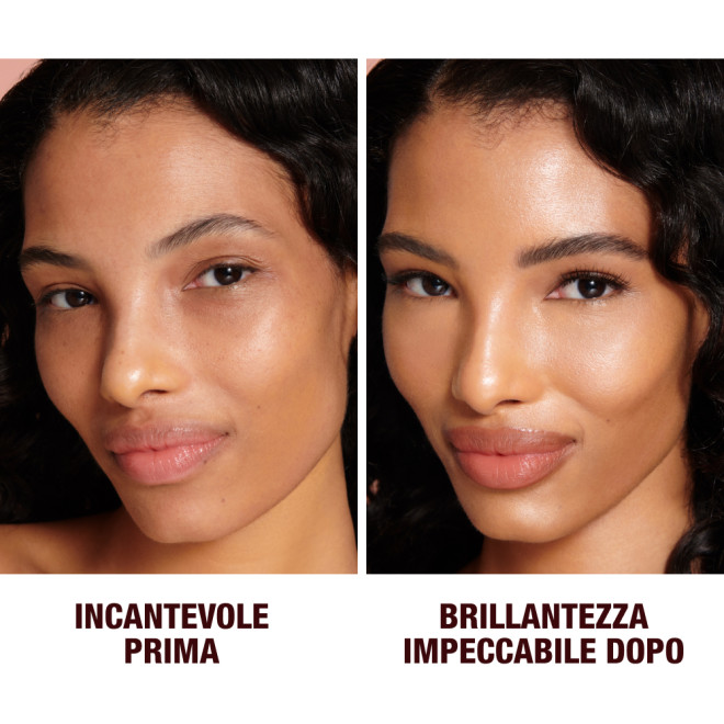 Before and after close-up of a medium-tone model with brown eyes wearing a luminous, glowy primer that blurs her pores and fine lines with black eyeliner and sheer lip gloss. 