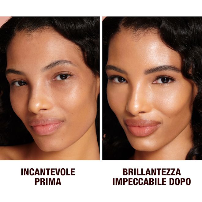 IT HFF5-B&A (1) Before and after close-up of a medium-tone model with brown eyes wearing a luminous, glowy primer that blurs her pores and fine lines with black eyeliner and sheer lip gloss.