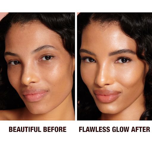 Hollywood Flawless Filter shade 5 before and after on medium-tone model Before and after close-up of a medium-tone model with brown eyes wearing a luminous, glowy primer that blurs her pores and fine lines with black eyeliner and sheer lip gloss.