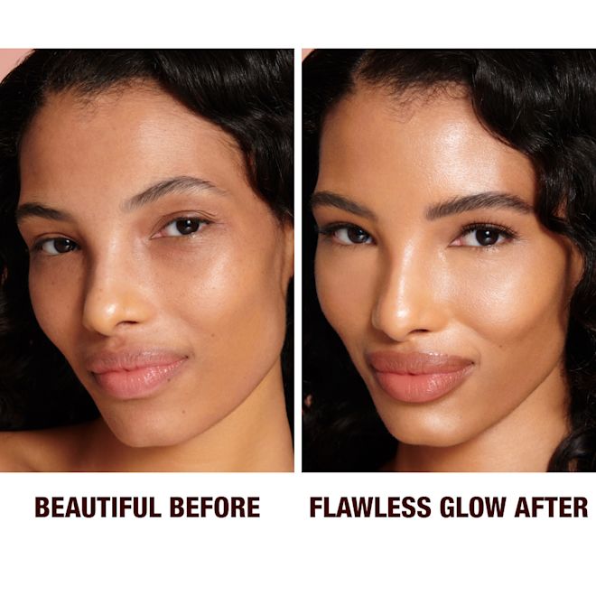 Hollywood Flawless Filter shade 5 before and after on medium-tone model Before and after close-up of a medium-tone model with brown eyes wearing a luminous, glowy primer that blurs her pores and fine lines with black eyeliner and sheer lip gloss.