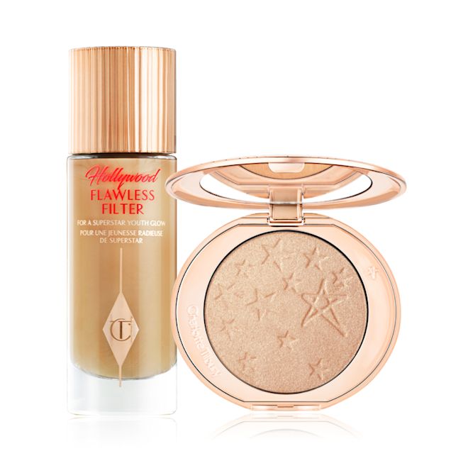 Hollywood Flawless Filter and Hollywood Glow Glide Highlighter A highlighting skin tint in rose gold packaging, plus a rose gold powder highlighter with a mirrored lid.