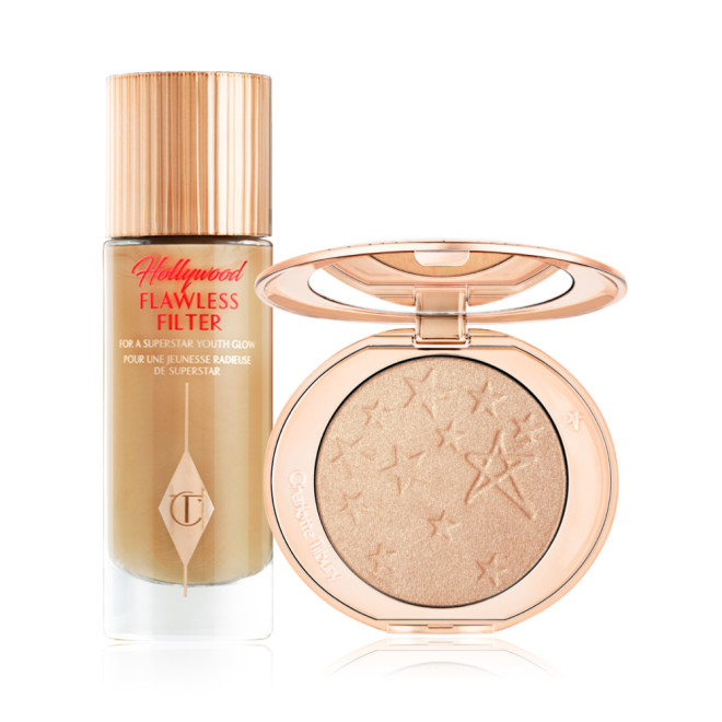 A highlighting skin tint in rose gold packaging, plus a rose gold powder highlighter with a mirrored lid.