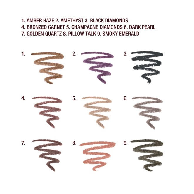Swatches of nine eyeshadow sticks in amber, smokey red, black, champagne, dark green, grey, dark purple, golden-brown, and smokey green.