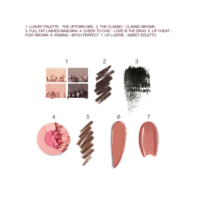 The Uptown Girl Deep kit swatches Swatches of a quad eyeshadow palette in shades of silver, grey, and gold, black eyeliner, black mascara, two-tone blush in bright pink and rose gold, lip liner in taupe-brown, lipstick in medium brown, and lip gloss in nude pink.