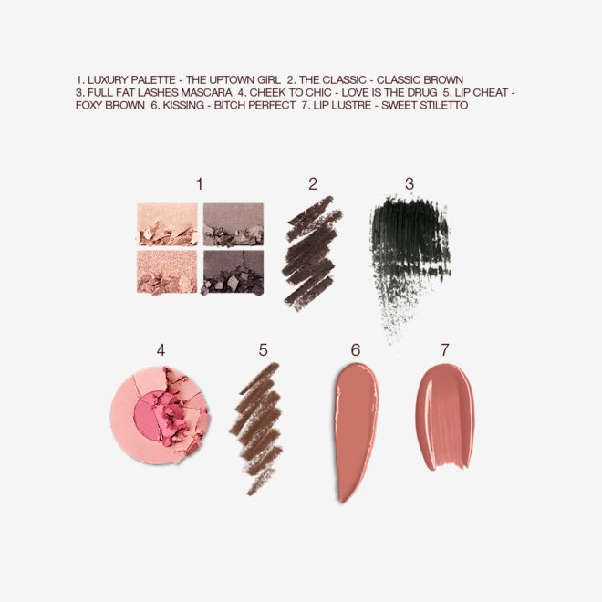 The Uptown Girl Deep kit swatches Swatches of a quad eyeshadow palette in shades of silver, grey, and gold, black eyeliner, black mascara, two-tone blush in bright pink and rose gold, lip liner in taupe-brown, lipstick in medium brown, and lip gloss in nude pink.