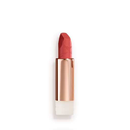 Look of Love Matte Revolution Lipstick Refill in Mrs Kisses open An open, golden peachy-pink lipstick refill in a metallic, golden-coloured tube with its lid next to it.
