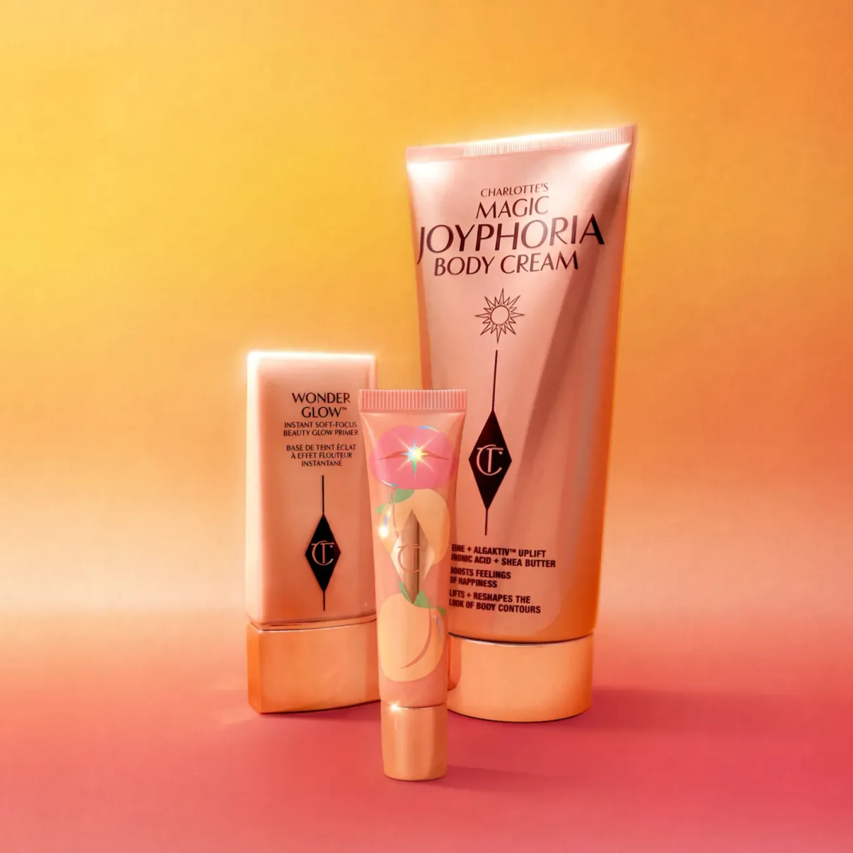 Unreal Lips Healthy Glow Nectar Oil in Juicylicious Pure Peach, Wonderglow and Charlotte’s Magic Joyphoria Body Cream