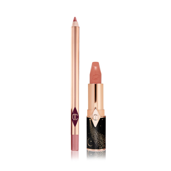 Lip liner pencil in a nude pink shade with an open lipstick in a nude brownish pink colour with a black and gold-coloured tube.