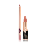 Lip liner pencil in a nude pink shade with an open lipstick in a nude brownish pink colour with a black and gold-coloured tube.