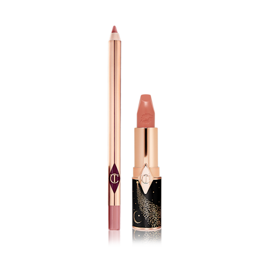 Hot Lips 2 Lip Slick open Lip liner pencil in a nude pink shade with an open lipstick in a nude brownish pink colour with a black and gold-coloured tube.