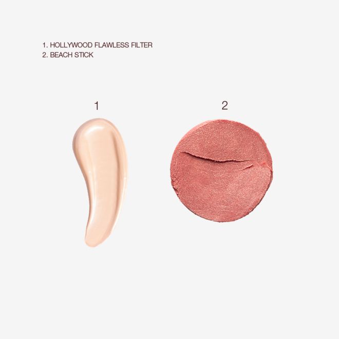 Fresh Glowing Complexion Duo swatches Swatches of an illuminating primer in a light peach colour and a creamy blush in a terracotta colour.