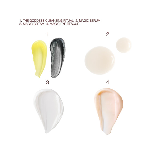 Swatches of two facial cleansers, one yellow and the other black, a cream-coloured facial serum, a luminous white face cream, and a thick champagne-coloured eye cream. 