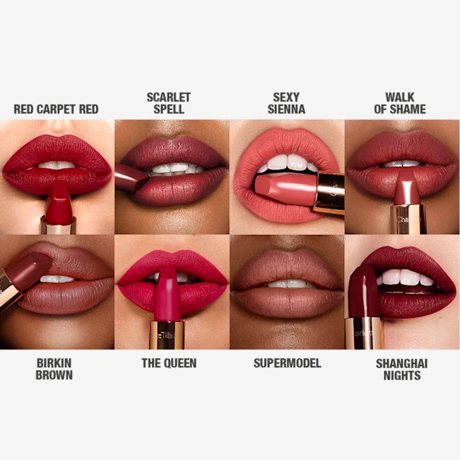 Matte Revolution lipsticks collection on lips close-up Lips close-up of eight models wearing and applying matte lipstick in shades of red, peach, coral, pink, brown, and maroon.
