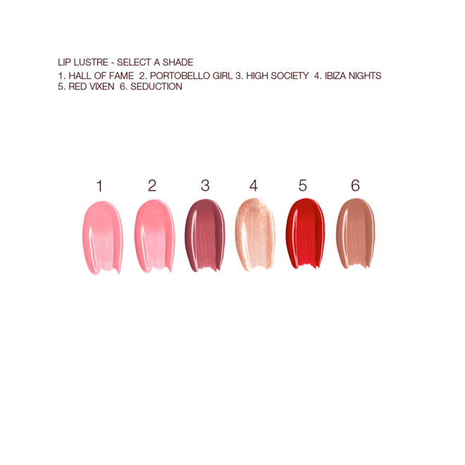 Lip Lustre Lip Gloss swatches Swatches of six high-shine creamy lip glosses in nude pink, bright pink, aubergine, pinkish gold, bold red, and brownish pink.