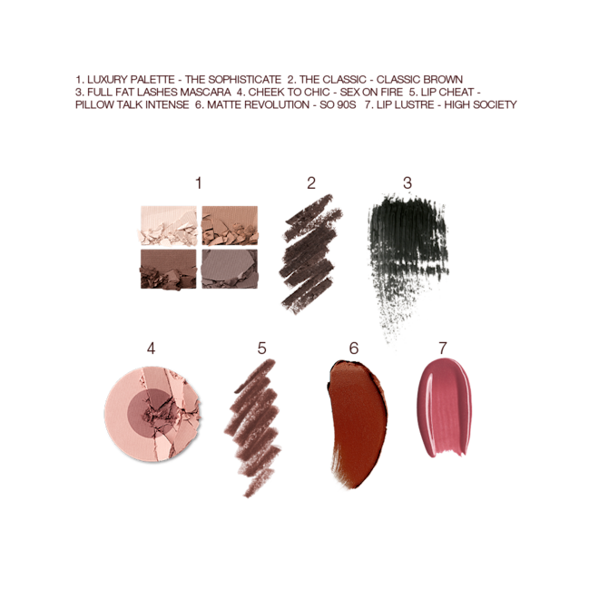 The Sophisticate Deep kit swatches Swatches of a quad eyeshadow palette in shades of brown and gold, brown eyeliner, black mascara, two-tone blush in medium brown and dusty pink, lip liner in taupe-brown, lipstick in maroon, and lip gloss in berry-pink.