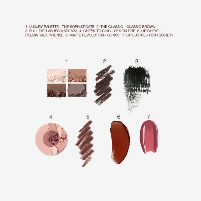 The Sophisticate Deep kit swatches Swatches of a quad eyeshadow palette in shades of brown and gold, brown eyeliner, black mascara, two-tone blush in medium brown and dusty pink, lip liner in taupe-brown, lipstick in maroon, and lip gloss in berry-pink.